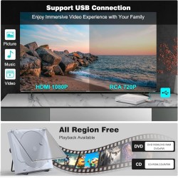 Mini Lecteur DVD pour TV, 1080P Compact Lecteur DVD Multizone avec Port HDMI/AV Sortie, NTSC/PAL, Portable Lecteur CD Player pou