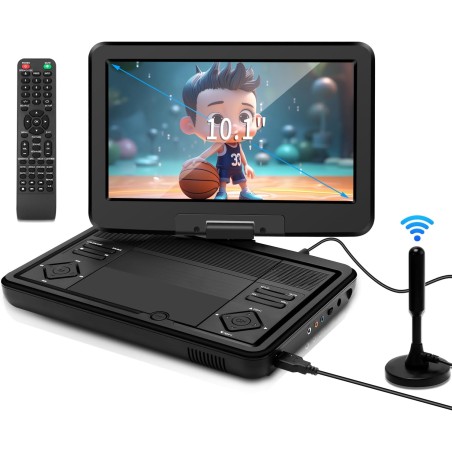 KCR Lecteur DVD Portable 10,1 Pouces, TV intégrée DVB-T2 avec écran LED pivotant et/USB/HDMI/AV, Batterie Rechargeable et Deux H