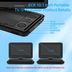 KCR Lecteur DVD Portable 10,1 Pouces, TV intégrée DVB-T2 avec écran LED pivotant et/USB/HDMI/AV, Batterie Rechargeable et Deux H