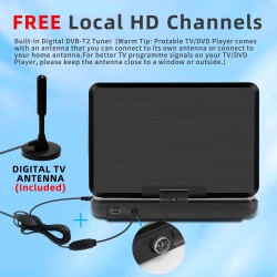 KCR Lecteur DVD Portable 10,1 Pouces, TV intégrée DVB-T2 avec écran LED pivotant et/USB/HDMI/AV, Batterie Rechargeable et Deux H