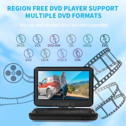 KCR Lecteur DVD Portable 10,1 Pouces, TV intégrée DVB-T2 avec écran LED pivotant et/USB/HDMI/AV, Batterie Rechargeable et Deux H