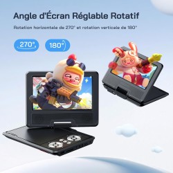WOLFANG 9,5" Lecteur DVD Portable pour Enfants avec Écran Pivotant HD, 6 Heures d'Autonomie, Prise en Charge de la Télévision de