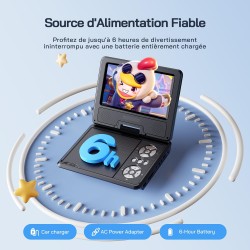 WOLFANG 9,5" Lecteur DVD Portable pour Enfants avec Écran Pivotant HD, 6 Heures d'Autonomie, Prise en Charge de la Télévision de