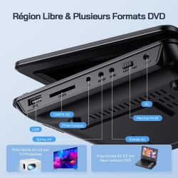 WOLFANG 9,5" Lecteur DVD Portable pour Enfants avec Écran Pivotant HD, 6 Heures d'Autonomie, Prise en Charge de la Télévision de