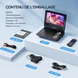WOLFANG 9,5" Lecteur DVD Portable pour Enfants avec Écran Pivotant HD, 6 Heures d'Autonomie, Prise en Charge de la Télévision de