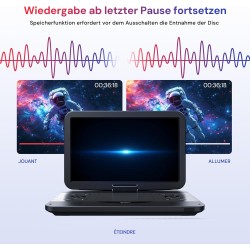 15,4“ lecteur dvd blu ray portable avec câble hdmi, rotatif à 270° hd 1920x1080, lecteur bleu ray portable avec batterie recharg