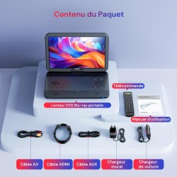 15,4“ lecteur dvd blu ray portable avec câble hdmi, rotatif à 270° hd 1920x1080, lecteur bleu ray portable avec batterie recharg