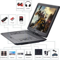 YOOHOO Lecteur DVD Portable de 17,9" avec Grand écran pivotant HD de 15,6", Batterie Rechargeable intégrée, Prend en Charge Tout