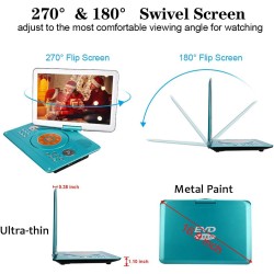 YOOHOO Lecteur DVD Portable de 16,9" avec écran LCD HD de 14,1" avec contrôleur Haute résolution Batterie Rechargeable Grand écr