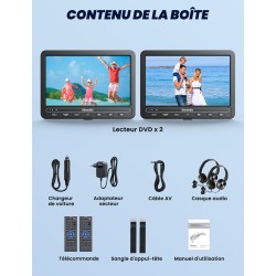 Lecteur DVD portable 10,5 Pouces avec HDMI Input, 2 écrans avec 5 Heures de Batterie Rechargeable ,Lecteur DVD Voiture, ecran de