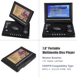 Lecteur DVD Portable avec Écran Rotatif 7,8'',écran orientable sur 270 degrés, Batterie Rechargeable Intégrée,Accepte USB/CD/AV 