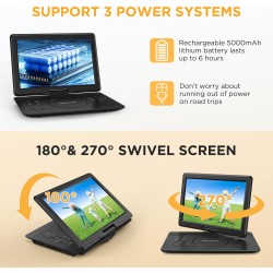 DBPOWER Lecteur DVD portable de 16,9'' avec grand écran HD pivotant de 14,1'', avec batterie rechargeable de 6 heures 5000 mAh, 