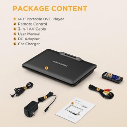 DBPOWER Lecteur DVD portable de 16,9'' avec grand écran HD pivotant de 14,1'', avec batterie rechargeable de 6 heures 5000 mAh, 