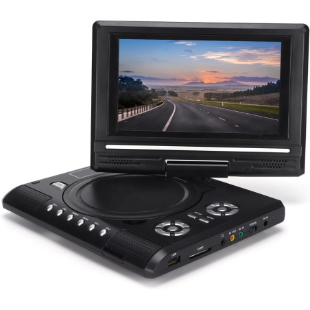 Lecteur DVD HD Portable avec écran Pivotant, Deux Haut-parleurs Stéréo, TV Analogique, Port USB, Lecteur de Cartes, Batterie Lon