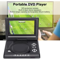 Lecteur DVD HD Portable avec écran Pivotant, Deux Haut-parleurs Stéréo, TV Analogique, Port USB, Lecteur de Cartes, Batterie Lon