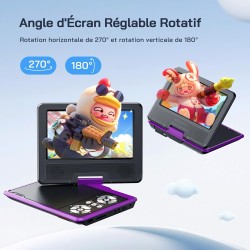 WOLFANG 9,5" Lecteur DVD Portable pour Enfants avec Écran Pivotant HD, 6 Heures d'Autonomie, Prise en Charge de la Télévision de