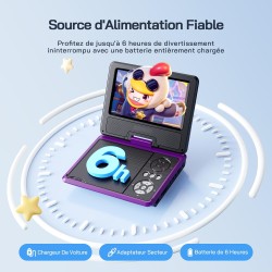 WOLFANG 9,5" Lecteur DVD Portable pour Enfants avec Écran Pivotant HD, 6 Heures d'Autonomie, Prise en Charge de la Télévision de