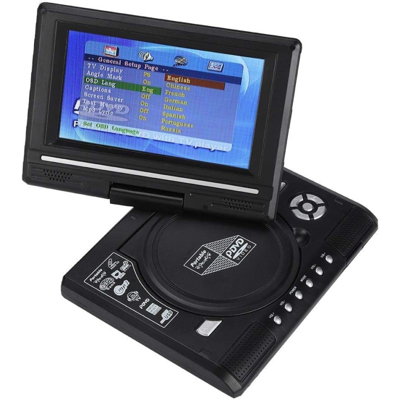 Lecteur Portable, 7,8 Pouces Lecteur DVD Portable avec 800 mAh Batterie Rechargeable, 270 Degrés Écran Rotatif Support Cartes SD