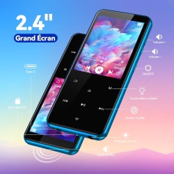 Agptek 64go mp3 bleutooth avec haut-parleur, 2.4" grand écran lecteur mp3 en métal qualité sonore hifi audio mp4 baladeur sport 