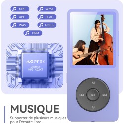 32go lecteur mp3 bleutooth 5.3 agptek lecteur musical sans perte hifi 70h ultra-longue autonomie baladeur portable avec haut-par
