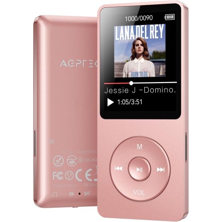 Agptek 16go mp3 bleutooth 5.0 avec boutons tactiles et écouteur, lecteur de musique sport hifi écran 1.8'' avec podomètre, radio