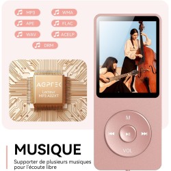 Agptek 16go mp3 bleutooth 5.0 avec boutons tactiles et écouteur, lecteur de musique sport hifi écran 1.8'' avec podomètre, radio