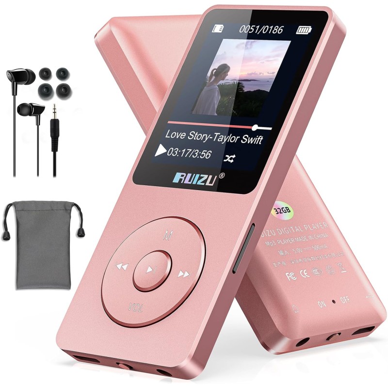 Lecteur mp3 64 go avec bleutooth 5.3, super léger (30 g), autonomie jusqu'à 80 h, écran 1,8", parfait pour sport, enfants et adu