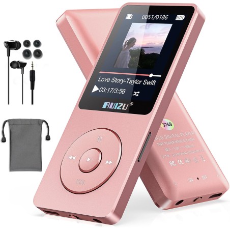 Lecteur mp3 64 go avec bleutooth 5.3, super léger (30 g), autonomie jusqu'à 80 h, écran 1,8", parfait pour sport, enfants et adu