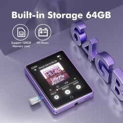 64 go lecteur mp3 bleutooth 5.3, écran tactile 2,8 pouces, son hifi, lecteurs mp3 et mp4 enfant,haut-parleur intégré, enregistre