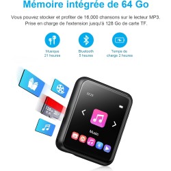 64gb lecteur de musique portable avec haut-parleur, bleutooth 5.0, qualité sonore haute fidélité sans perte mp3, radio fm, enreg
