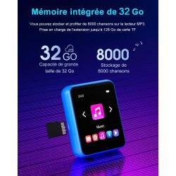 Lecteur mp3 bleutooth 5.0 32 go avec écran tactile complet, lecteur de musique hi-fi sans perte avec boîtier en métal, avec radi