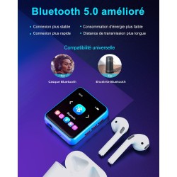 Lecteur mp3 bleutooth 5.0 32 go avec écran tactile complet, lecteur de musique hi-fi sans perte avec boîtier en métal, avec radi