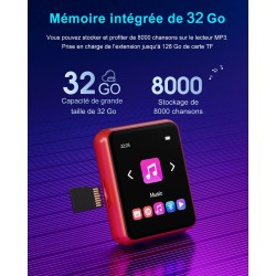 Lecteur mp3 32 go bleutooth 5.0, lecteur de musique portable avec haut-parleur, qualité sonore haute fidélité avec enregistremen