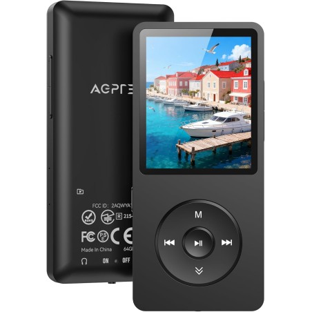 Agptek 64go mp3 bleutooth 5.3 avec haut-parleur & bouton volume, lecteur musical portable radio fm enregistrement podomètre vidé