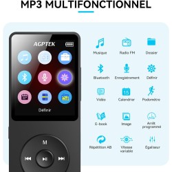Agptek 64go mp3 bleutooth 5.3 avec haut-parleur & bouton volume, lecteur musical portable radio fm enregistrement podomètre vidé