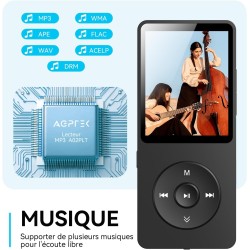 Agptek 64go mp3 bleutooth 5.3 avec haut-parleur & bouton volume, lecteur musical portable radio fm enregistrement podomètre vidé