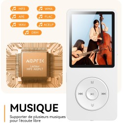 64go lecteur mp3 bleutooth 5.3 agptek lecteur musical avec haut-parleur et bouton volume baladeur portable sans perte hifi 70h u