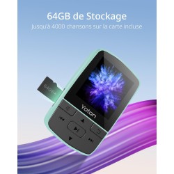 Yoton lecteur mp3 64 go avec clip, mini musique mp3 bleutooth 5.2, super léger (28.5g),son hifi sans perte, radio fm, chronomètr