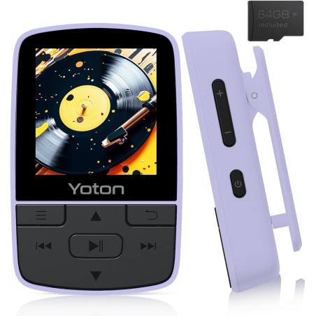 Yoton lecteur mp3 baladeur avec bleutooth 5.2, 64 go de mémoire, radio fm, enregistrement vocal, contrôle du volume indépendant,
