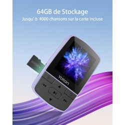 Yoton lecteur mp3 baladeur avec bleutooth 5.2, 64 go de mémoire, radio fm, enregistrement vocal, contrôle du volume indépendant,