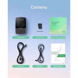 Yoton lecteur mp3 baladeur avec bleutooth 5.2, 64 go de mémoire, radio fm, enregistrement vocal, contrôle du volume indépendant,