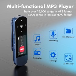 64go lecteur mp3 usb portable avec bleutooth 5.3, clip pour le sport et la course à pied, radio fm, enregistreur vocal, transfer