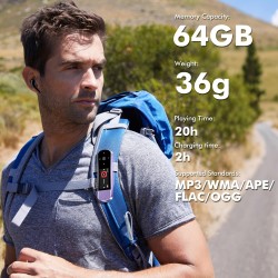 64go lecteur mp3 usb portable avec bleutooth 5.3, clip pour le sport et la course à pied, radio fm, enregistreur vocal, transfer