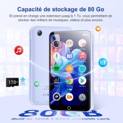 Lecteur mp3 80go avec wifi et bleutooth, lecteur mp4 4.02 pouces touchscreen avec haut-parleurs, mp3 player avec caméra 13mp, le