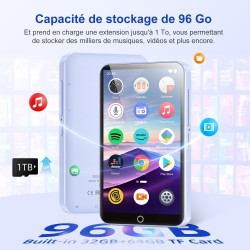 Lecteur mp3 96 go avec bleutooth et wifi, écran tactile 4,02 pouces, lecteur mp3 mp4, portable android avec spotify, audible, am
