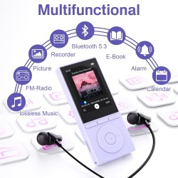 Lecteur mp3 64 go, mp3 bleutooth 5.3 avec haut-parleurs, lecteur musique, enregistreur vocal, radio fm, chaîne hi-fi, écouteurs,