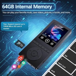 Lecteur mp3 64 go, mp3 bleutooth 5.3 avec haut-parleurs, lecteur musique, enregistreur vocal, radio fm, chaîne hi-fi, écouteurs,