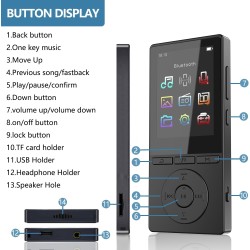 Lecteur mp3 64 go, mp3 bleutooth 5.3 avec haut-parleurs, lecteur musique, enregistreur vocal, radio fm, chaîne hi-fi, écouteurs,
