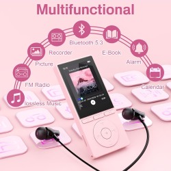 Lecteur mp3 64 go, mp3 bleutooth 5.3 avec haut-parleurs, lecteur musique, enregistreur vocal, radio fm, chaîne hi-fi, écouteurs,