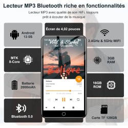 Lecteurs mp3 144 go avec bleutooth wifi, lecteurs mp4 2000 mah avec écran tactile 4 pouces et haut-parleur, lecteurs mp3 android